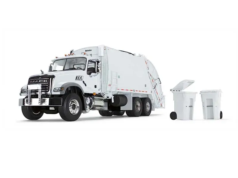 Mack Granite Mp W/ Mcneilus Rear Loader & Trash Carts Diecast 1:34 Scale Model - First Gear 10-4213 1