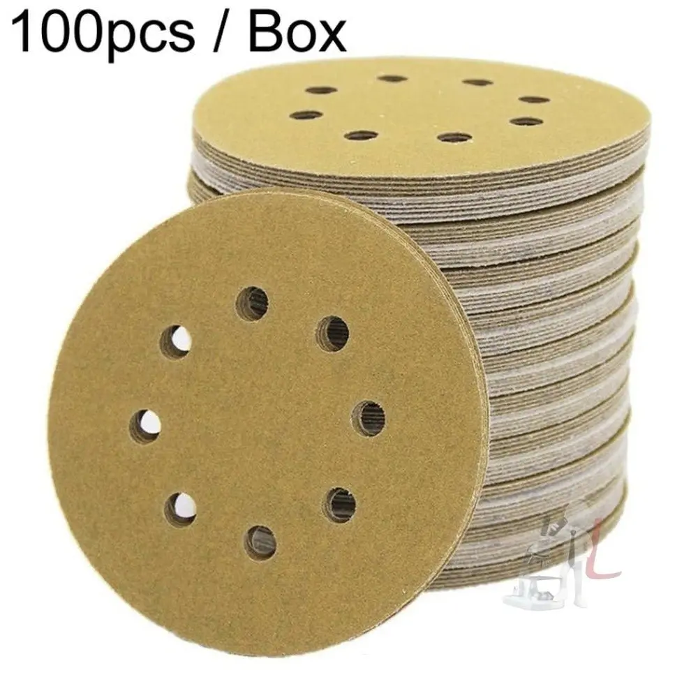 100Pcs / Box 5 Inch 8 Holes Round Disc Sanding Sandpaper 125Mm Yellow Sand Flocking Sheet, P60, P80, P100, P120, P150, P180, P220, P320, P400, P600, P800 1