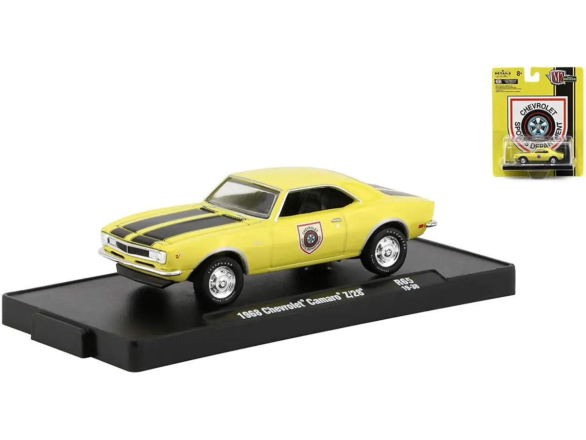 1969 Chevrolet Camaro Z/28 Butternut Yellow With Black Stripes "Chevrolet Sports Department" "Drivers" Series In Blister Pack Release 65 Diecast 1:64 Model Cars - M2 Machines 11228-65 1