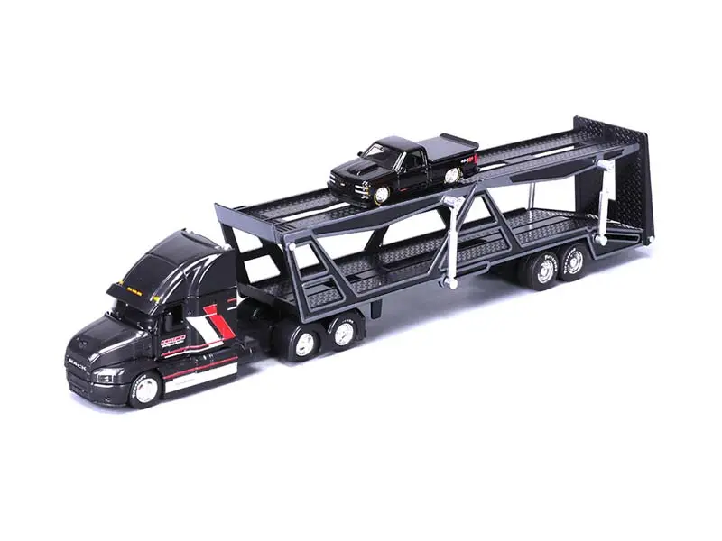 Mack Transporter Open Trailer W/ 1993 Chevrolet 454 Ss Pickup – Black (Design Transporters) Diecast 1:64 Scale Model - Maisto 11454Bk 1