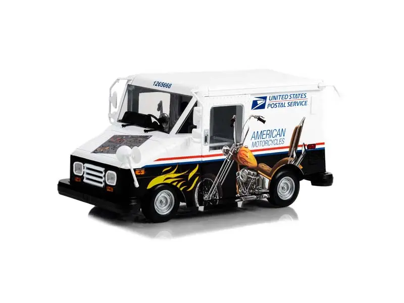 United States Postal Service (Usps) Long-Life Postal Delivery Vehicle - American Motorcycles Stamp Diecast 1:18 Scale Model - Greenlight 13643 1