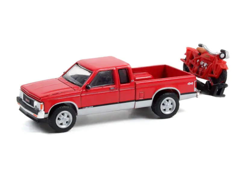 1991 Gmc Sonoma Extended Cab With 1920 Indian Scout On Hitch Carrier "Anniversary Series 13" Diecast 1:64 Model - Greenlight 28080C 1