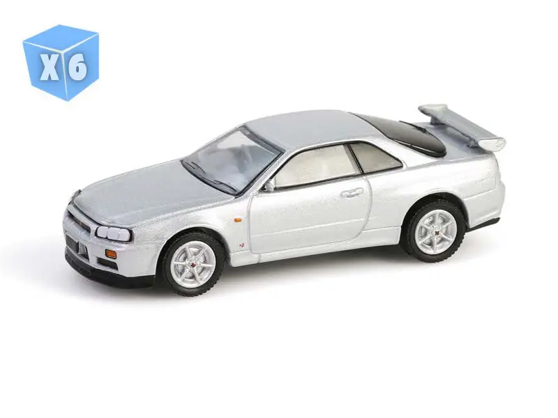 6 Pack 1999 Nissan Skyline V-Spec (R34) - Sonic Silver (Anniversary Collection Series 17) Diecast 1:64 Scale Model - Greenlight 28160E 1