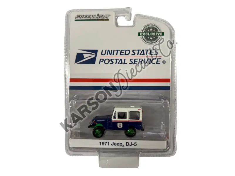 Chase 1971 Jeep Dj-5 - Usps United States Postal Service Blue W/ White Roof Diecast 1:64 Scale Model - Greenlight 29998 1