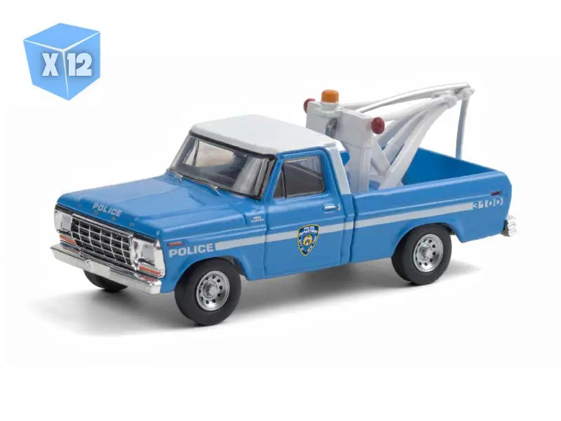 12 Pack 1979 Ford F-250 Tow Truck W/ Drop-In Tow Hook Blue W/ White Top (Nypd) Diecast 1:64 Model - Greenlight 30224 1