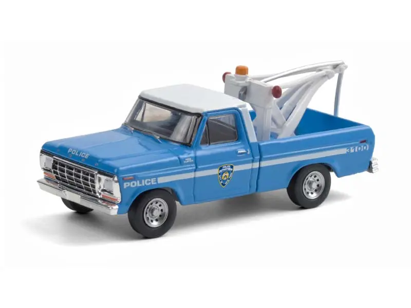 1979 Ford F-250 Tow Truck W/ Drop-In Tow Hook Blue W/ White Top (Nypd) Diecast 1:64 Model - Greenlight 30224 1