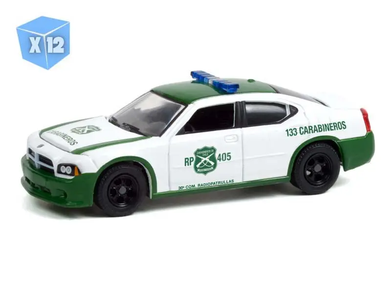 12 Pack 2006 Dodge Charger Police Carabineros De Chile - White And Green Diecast 1:64 Scale Model - Greenlight 30270 1