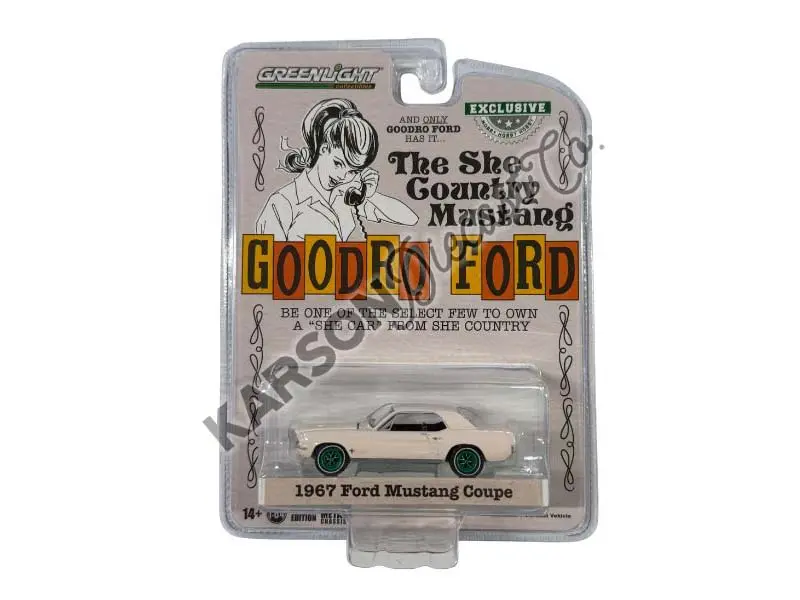 Chase 1967 Ford Mustang Coupe - She Country Special Bill Goodro Ford Colorado - Bermuda Sand Diecast 1:64 Scale Model - Greenlight 30427 1