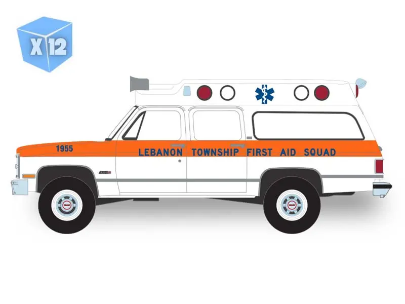 Pre-Order - 12 Pack 1984 Gmc Suburban 2500 Sierra Classic Ambulance - Lebanon Township, New Jersey First Aid Squad Diecast 1:64 Scale Model - Greenlight 30509 1