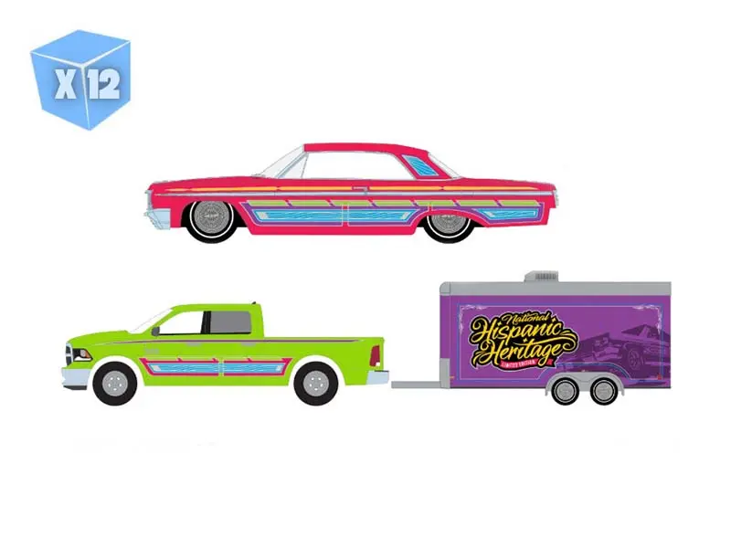 Pre-Order - 12 Pack 2014 Ram 1500 W/ 1964 Chevrolet Impala Lowrider In Enclosed Hauler - Sergio Rocha Special Edition Diecast 1:64 Scale Model - Greenlight 30555 1
