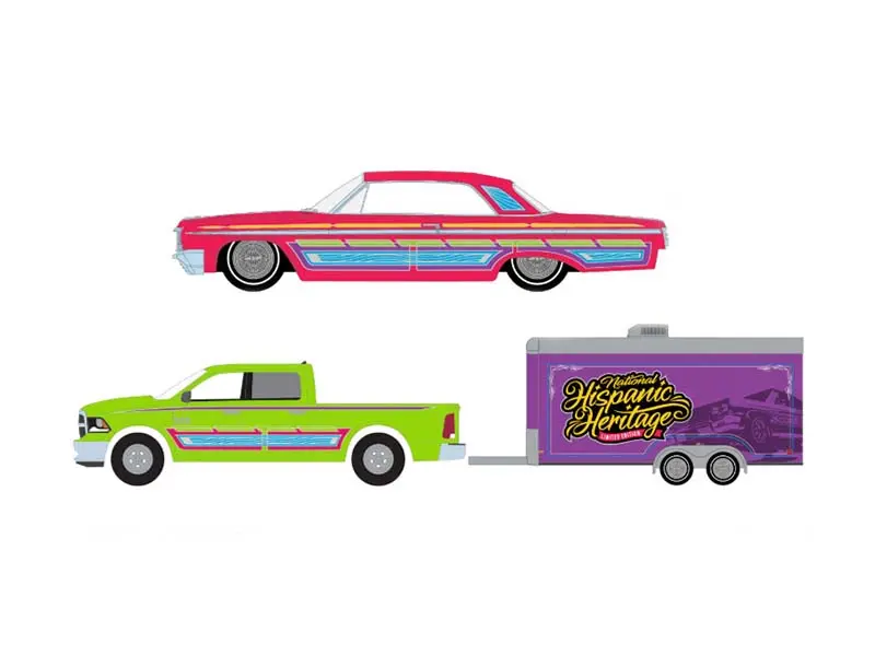 Pre-Order 2014 Ram 1500 W/ 1964 Chevrolet Impala Lowrider In Enclosed Hauler - Sergio Rocha Special Edition Diecast 1:64 Scale Model - Greenlight 30555 1