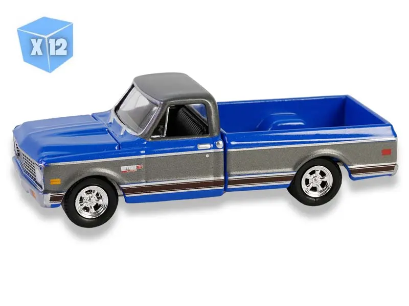 12 Pack 1972 Chevy Cheyenne C10 Short Bed – Electric Blue And Gunmetal Gray Diecast 1:64 Scale Model - Greenlight 30567 1