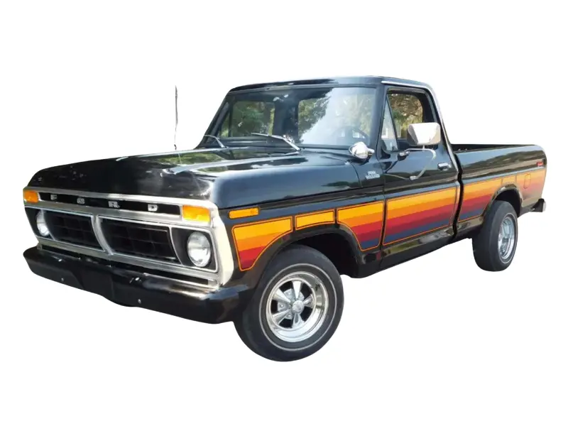 Pre-Order 1977 Ford F-100 – Free Wheeling Stripes Edition – Raven Black Diecast 1:64 Scale Model - Greenlight 30571 1