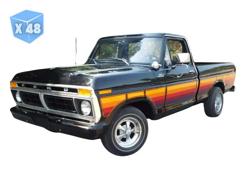 Pre-Order - 48 Pack 1977 Ford F-100 – Free Wheeling Stripes Edition – Raven Black Diecast 1:64 Scale Model - Greenlight 30571 1