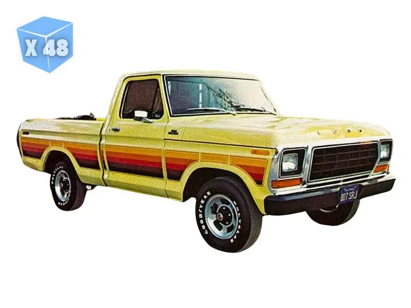 Pre-Order - 48 Pack 1978 Ford F-150 – Free Wheeling Stripes Edition – Yellow (Short Bed) Diecast 1:64 Scale Model - Greenlight 30573 1