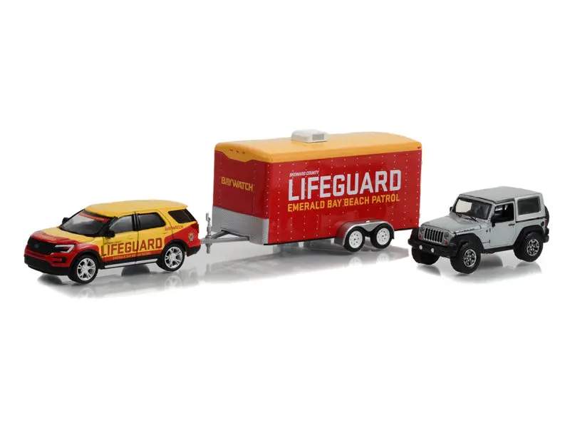 2016 Ford Explorer Lifeguard W/ 2013 Jeep Wrangler & Car Hauler Baywatch (Hollywood Hitch & Tow) Series 11 Diecast 1:64 Model - Greenlight 31150B 1