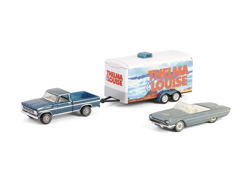 1966 Ford Thunderbird Convertible W/ 1967 Ford F-250 & Car Hauler (Hollywood Hitch & Tow Series 13) Diecast 1:64 Scale Models - Greenlight 31180B 1