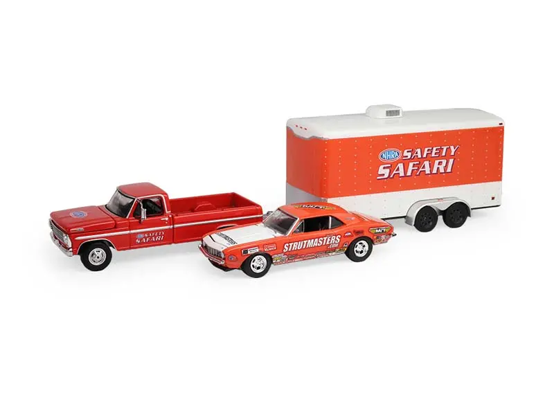 1969 Ford F-250 And 1969 Chevy Z/28 Camaro W/ Enclosed Hauler Safety Safari (Racing Hitch & Tow Series 6) Diecast 1:64 Scale Model - Greenlight 31190A 1