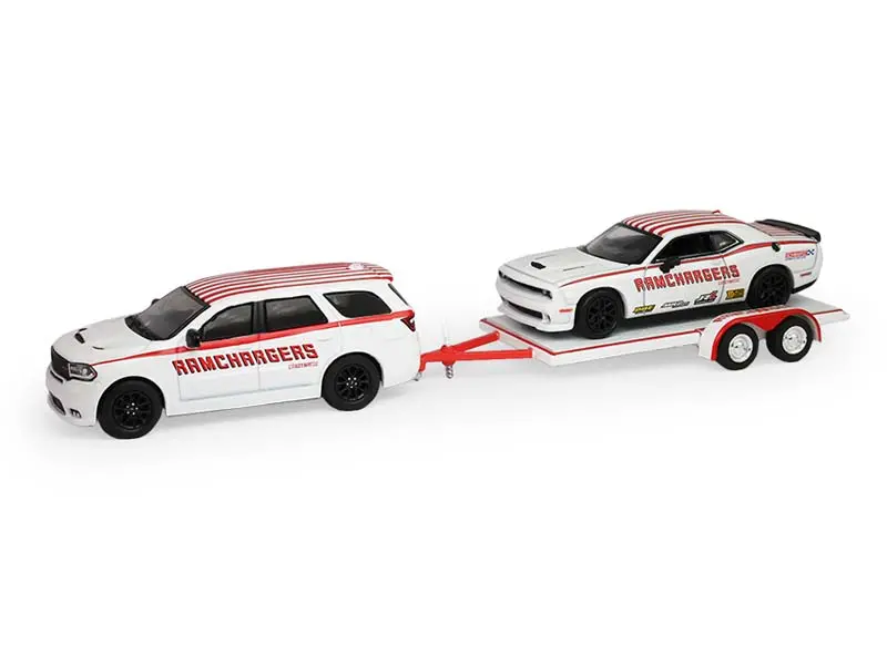2018 Dodge Durango And 2016 Dodge Challenger Srt/Hellcat W/ Flatbed Trailer (Racing Hitch & Tow Series 6) Diecast 1:64 Scale Model - Greenlight 31190B 1
