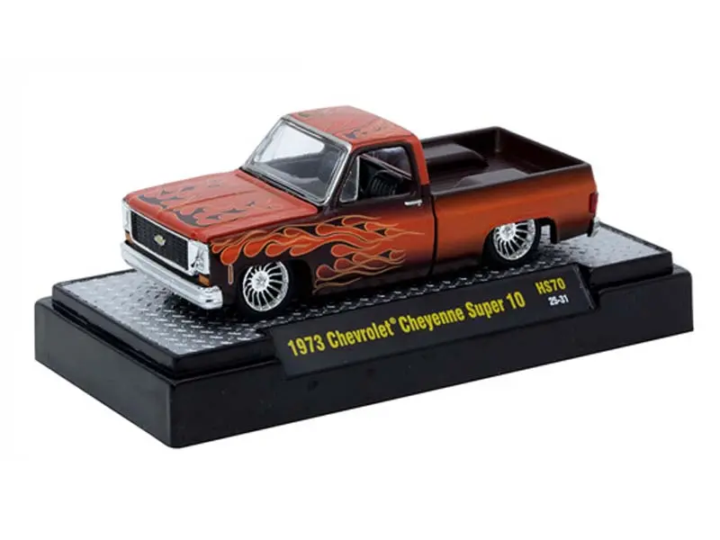 1973 Chevrolet Cheyenne Super 10 Custom Re Styling – Brown W/ Flames Diecast 1:64 Scale Model - M2 Machines 31500-Hs70 1