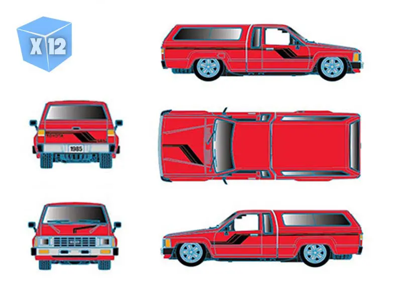 Pre-Order - 12 Pack 1985 Toyota Truck W/ Camper Shell – Red Diecast 1:64 Scale Model - M2 Machines 31500-Hs76 1