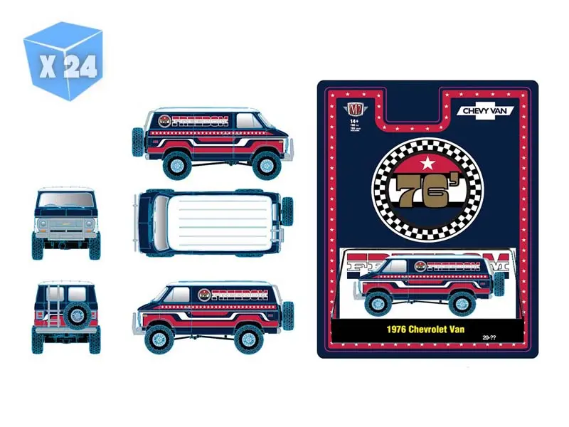Pre-Order - 24 Pack 1976 Chevrolet Van Freedom Edition – Red Diecast 1:64 Scale Model - M2 Machines 31500-Hs78 1