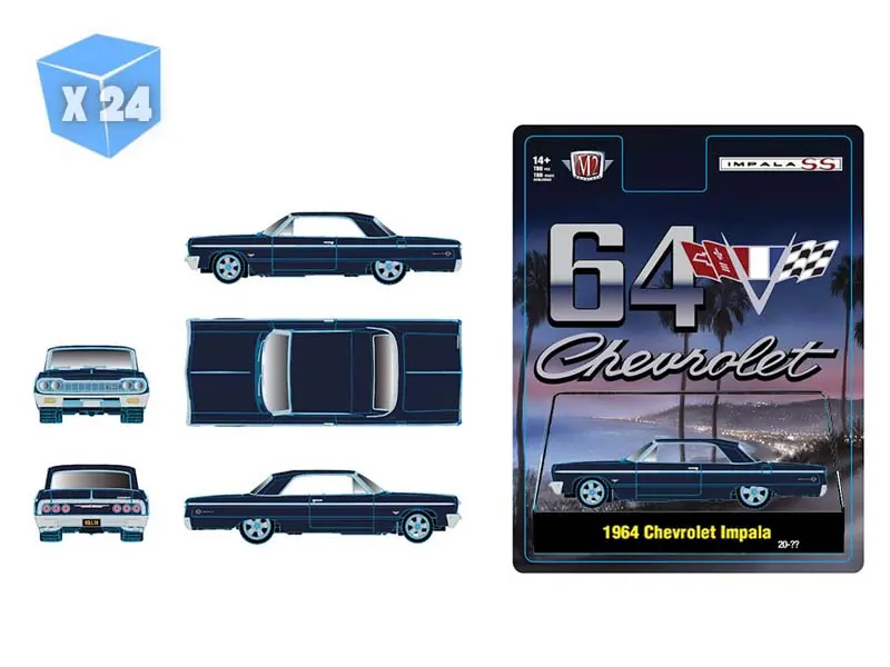 Pre-Order - 24 Pack 1964 Chevrolet Impala Hard Top – Daytona Blue Metallic Diecast 1:64 Scale Model - M2 Machines 31500-Hs80 1