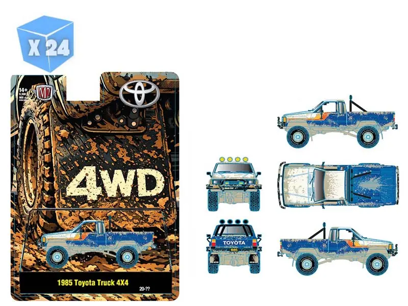 Pre-Order - 24 Pack 1985 Toyota Truck 4×4 Off Road – Blue Muddy Diecast 1:64 Scale Model - M2 Machines 31500-Hs82 1