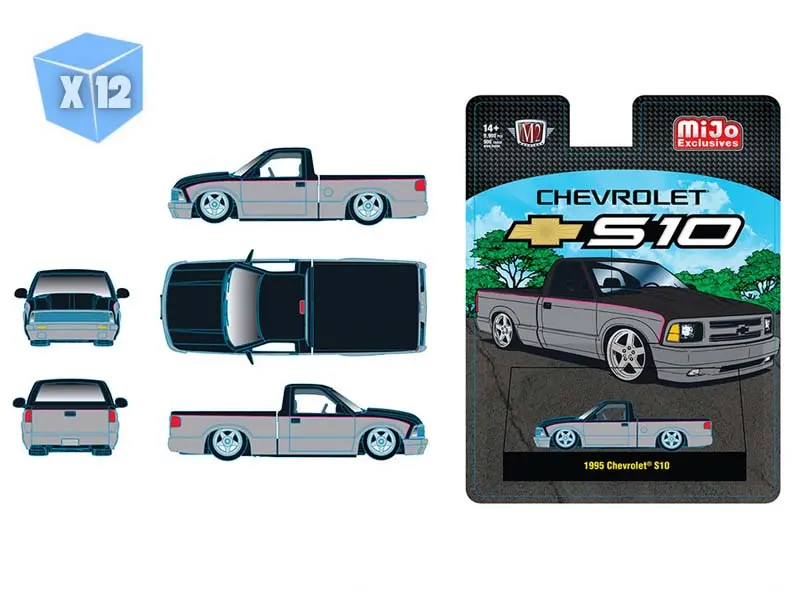 Pre-Order - 12 Pack 1995 Chevrolet S10 Custom -Silver W/ Black Two Tone Diecast 1:64 Scale Model - M2 Machines 31500-Mjs100 1