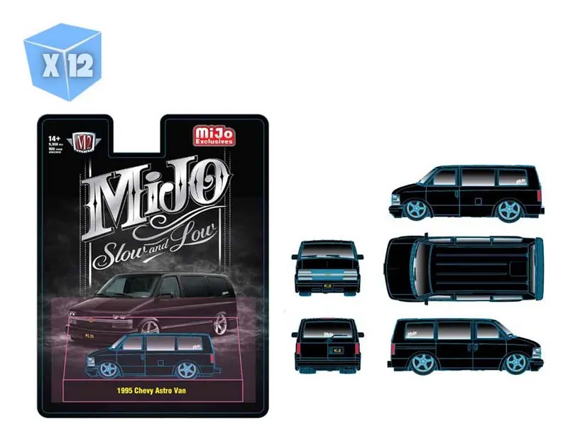 Pre-Order - 12 Pack 1995 Chevrolet Astro Van Custom Slow & Low – Black Diecast 1:64 Scale Model - M2 Machines 31500-Mjs102 1