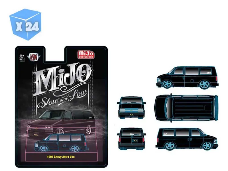 Pre-Order - 24 Pack 1995 Chevrolet Astro Van Custom Slow & Low – Black Diecast 1:64 Scale Model - M2 Machines 31500-Mjs102 1