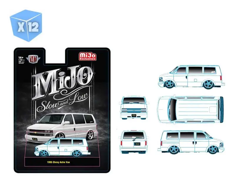 Pre-Order - 12 Pack 1995 Chevrolet Astro Van Custom Slow & Low – White Diecast 1:64 Scale Model - M2 Machines 31500-Mjs103 1