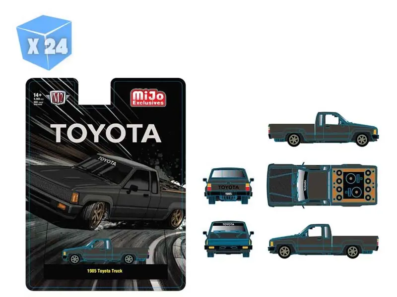 Pre-Order - 24 Pack 1985 Toyota Pickup Truck Slammed Custom – Matte Grey W/ Carbon Hood Diecast 1:64 Scale Model - M2 Machines 31500-Mjs104 1
