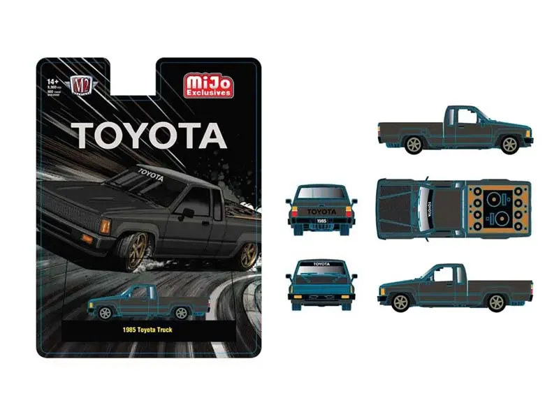 Pre-Order 1985 Toyota Pickup Truck Slammed Custom – Matte Grey W/ Carbon Hood Diecast 1:64 Scale Model - M2 Machines 31500-Mjs104 1