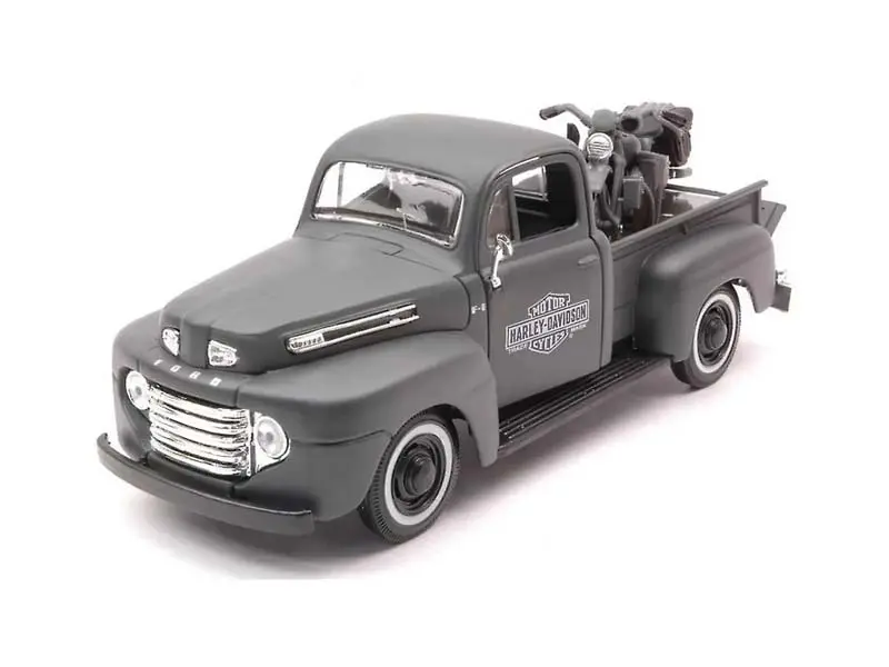 1948 Ford F-1 Pickup Truck And 1942 Harley-Davidson Wla Flathead Motorcycle - Matt Dark Gray (H.D. Custom) Diecast 1:24 Model - Maisto 32185Bk 1