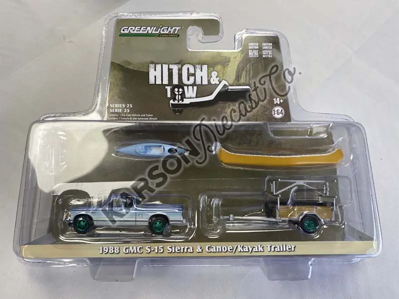 Chase 1988 Gmc S-15 Sierra W/ Canoe Trailer, Canoe Rack, Canoe And Kayak (Hitch And Tow) Series 25 Diecast 1:64 Scale Model - Greenlight 32250C 1