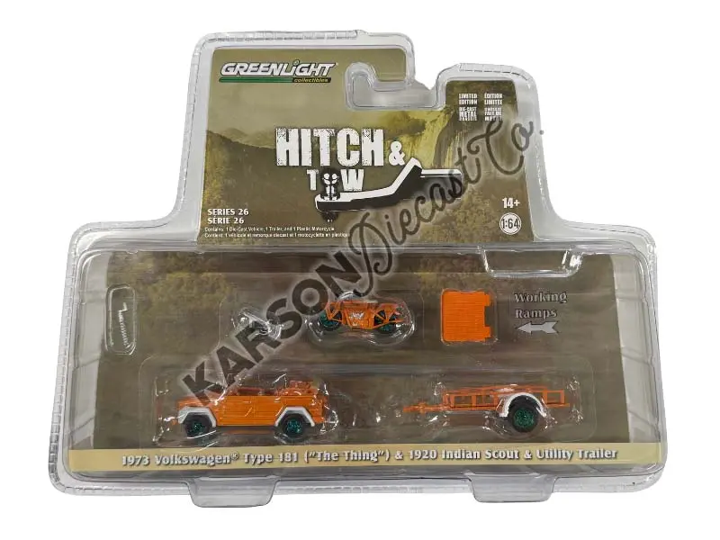 Chase 1973 Volkswagen Thing Type 181 And Utility Trailer W/ 1920 Indian Scout (Hitch & Tow Series 26) Diecast 1:64 Scale Model - Greenlight 32260C 1