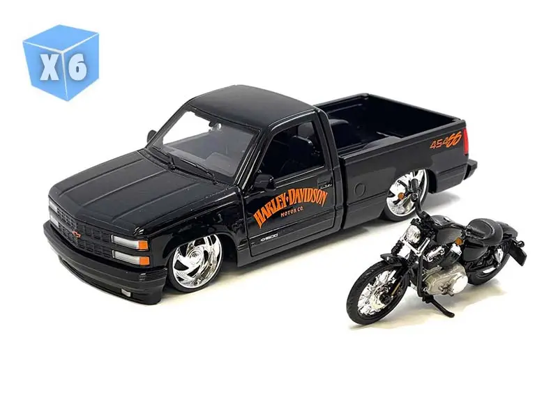 Pre-Order - 6 Pack 1993 Chevrolet 454Ss Pick-Up & 2007 Xl 1200N Nightster Harley-Davidson Bike Custom Diecast 1:24 Scale Model - Maisto 32276-Blk 1