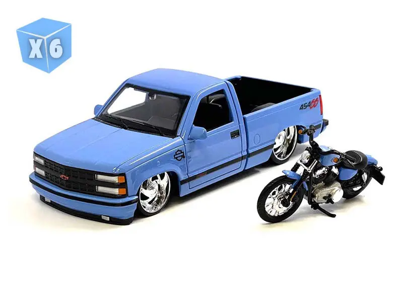 Pre-Order - 6 Pack 1993 Chevrolet 454Ss Pick-Up & 2007 Xl 1200N Nightster Harley-Davidson Bike Custom Blue Diecast 1:24 Scale Model - Maisto 32276-Cbl 1