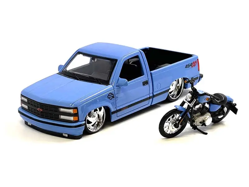 Pre-Order 1993 Chevrolet 454Ss Pick-Up & 2007 Xl 1200N Nightster Harley-Davidson Bike Custom Blue Diecast 1:24 Scale Model - Maisto 32276-Cbl 1