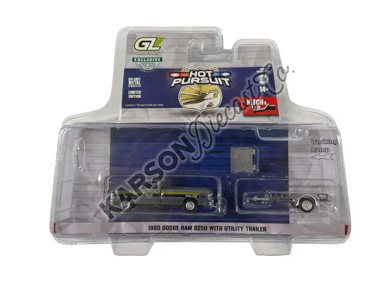 Raw Chase 1990 Dodge Ram D-250 W/ Utility Trailer – Pa Police (Hot Pursuit Hitch & Tow Series 1) Diecast 1:64 Scale Model - Greenlight 32315A 1