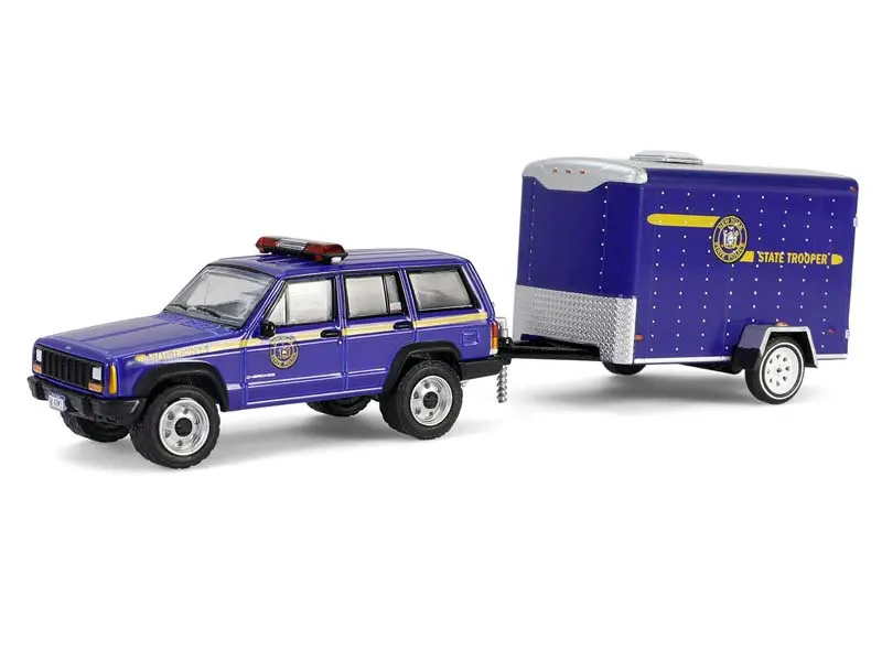 2001 Jeep Cherokee W/  Cargo Trailer – New York State Police (Hot Pursuit Hitch & Tow Series 1) Diecast 1:64 Scale Model - Greenlight 32315B 1