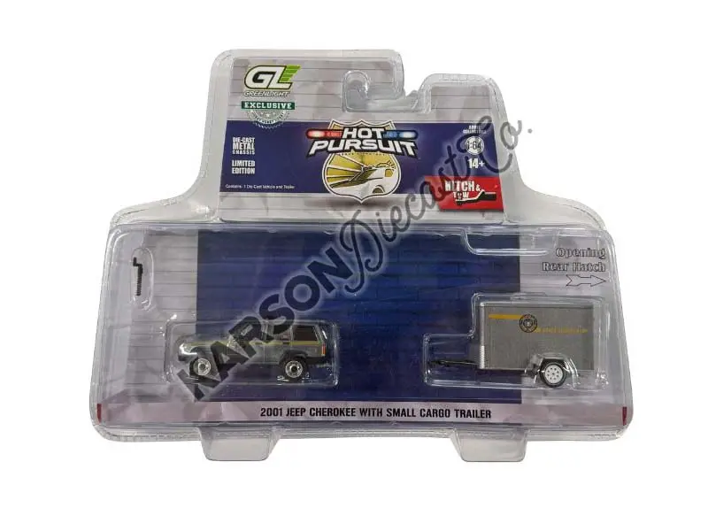 Raw Chase 2001 Jeep Cherokee W/  Cargo Trailer – New York State Police (Hot Pursuit Hitch & Tow Series 1) Diecast 1:64 Scale Model - Greenlight 32315B 1