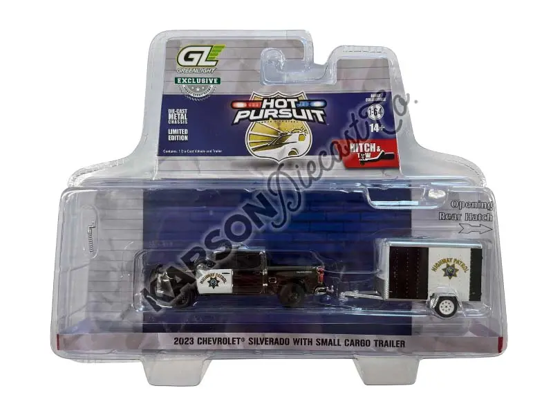 Chrome Chase 2023 Chevrolet Silverado W/ Trailer California Highway Patrol (Hot Pursuit Hitch & Tow Series 1) Diecast 1:64 Scale Model - Greenlight 32315C 1