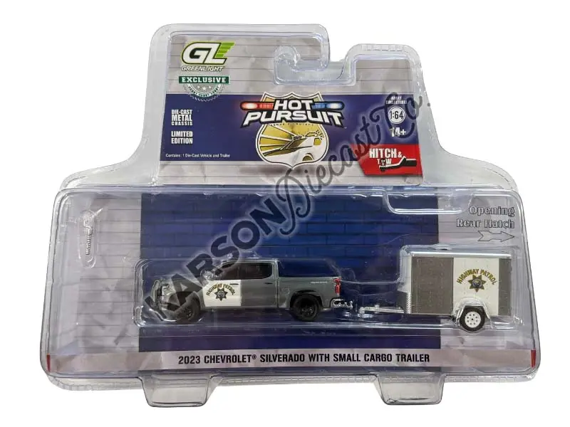 Raw Chase 2023 Chevrolet Silverado W/ Trailer California Highway Patrol (Hot Pursuit Hitch & Tow Series 1) Diecast 1:64 Scale Model - Greenlight 32315C 1