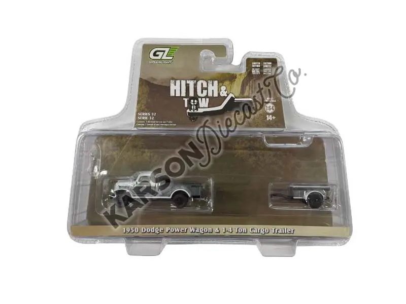 Raw Chase 1950 Dodge Power Wagon - Green & White W/ ¼ Ton Cargo Trailer (Hitch & Tow Series 32) Diecast 1:64 Scale Model - Greenlight 32320A 1