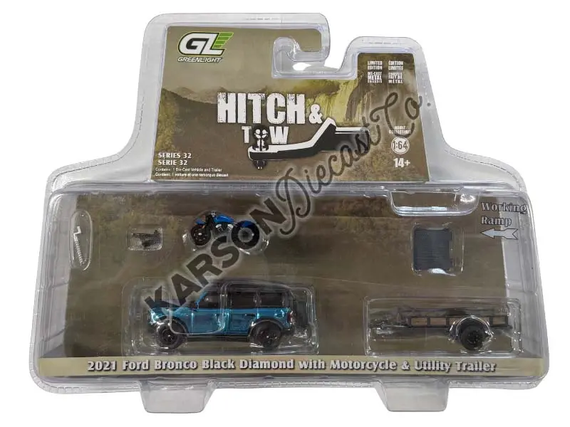 Chrome Chase 2021 Ford Bronco Black Diamond Blue Metallic W/ Trailer & Motorcycle - (Hitch & Tow Series 32) Diecast 1:64 Scale Model - Greenlight 32320C 1
