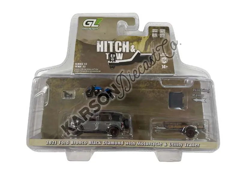Raw Chase 2021 Ford Bronco Black Diamond Blue Metallic W/ Trailer & Motorcycle - (Hitch & Tow Series 32) Diecast 1:64 Scale Model - Greenlight 32320C 1