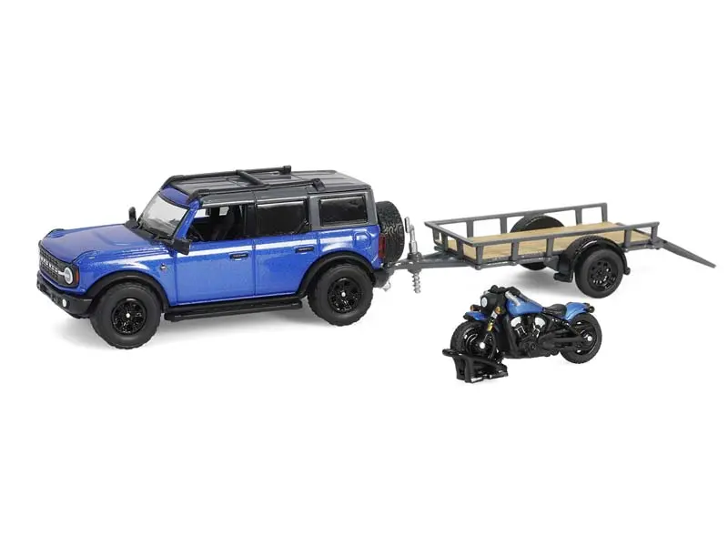 2021 Ford Bronco Black Diamond Blue Metallic W/ Trailer & Motorcycle - (Hitch & Tow Series 32) Diecast 1:64 Scale Model - Greenlight 32320C 1