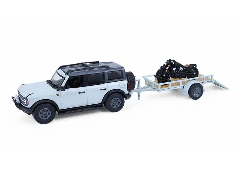 2021 Ford Bronco 4-Door Badlands Cactus Grey W/ Trailer And Motorcycle (Hitch & Tow Series 33) Diecast 1:64 Scale Model - Greenlight 32330D 1